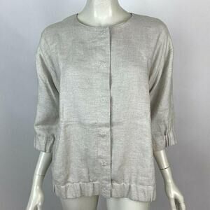 Eileen Fisher Twinkle Linen Jacket Snap Blazer Medium Beige Shimmer Lagenlook